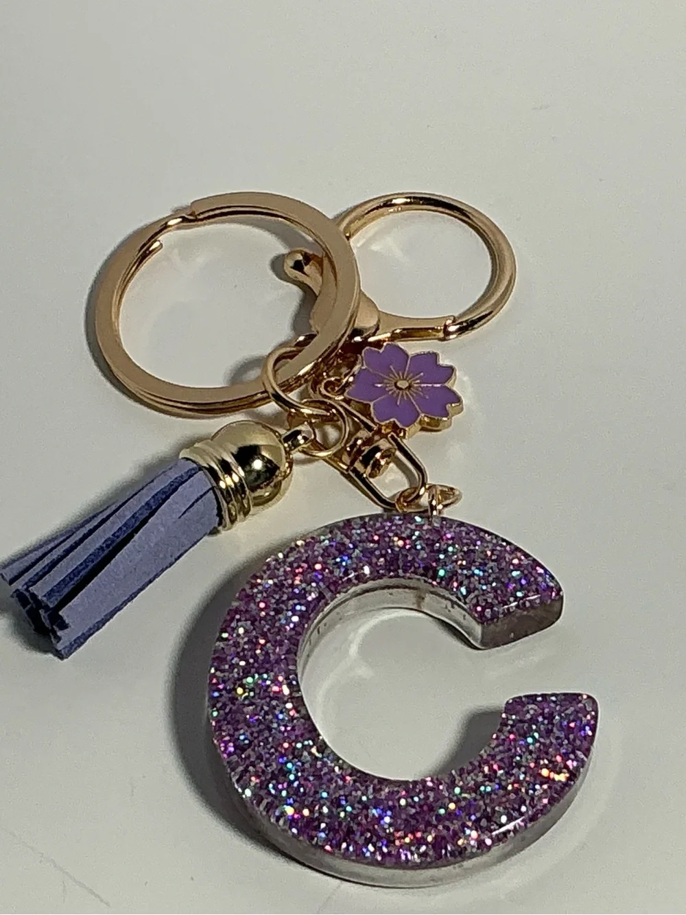 Purple Glitter 'C' Initial Keychain with Tassel and Flower Charm